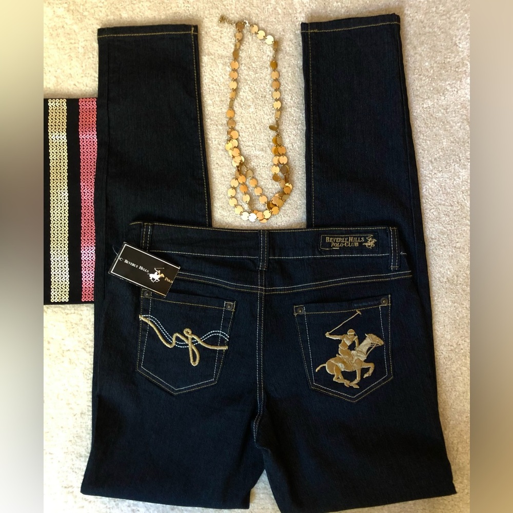 NWT Vintage Y2K Beverly Hills Polo Club Jeans Luxe Gold Embroidery Size 7/8